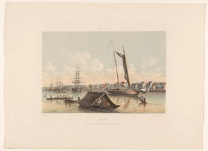 Vannkant og vei i Paramaribo Surinam. Utsikt over Waterkant og Roadstead av Paramaribo (tittel på objekt) av jonkheer Jacob Eduard van Heemskerck