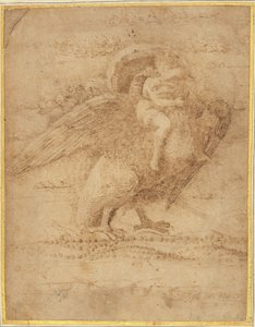 Jupiter og Ganymedes over et omfattende landskap av or Andrea Mantegna Giovanni Bellini
