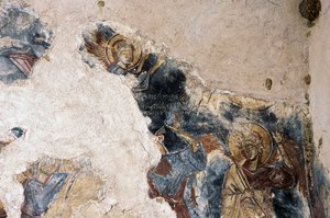 Engel og helgen, detalj fra freskomaleri i kirken Agios Georgios Apodoulou, Apodoulou, Kreta, Hellas (bilde) av Theodore Charles Ange Coquelin