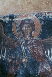 Engel som holder sverd, freskomaleri i den bysantinske kirken St George, Komitades, Kreta, Hellas (bilde)