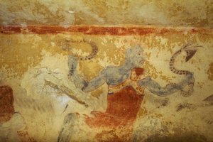 Blå demon med slanger, freskomaleri, de blå demonenes grav, nekropolis i Tarquinia (UNESCOs verdensarvliste, 2004), Lazio, Italia. Etruskisk sivilisasjon, 500-tallet f.Kr. (bilde)