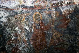 Kristus med engler og helgen, freskomaleri i kirken Panagia, Kitiros, Kreta, Hellas (bilde) av Theodore Charles Ange Coquelin