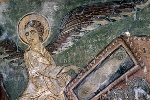 Fresker med engel i Church of Metamorphosis tou Sotiros, Kefali, Kreta, Hellas (bilde) av Theodore Charles Ange Coquelin