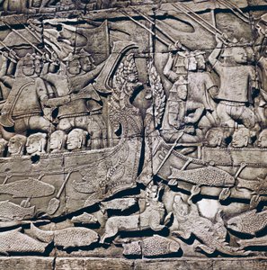 Sjøslag mellom Cham og Khmer, detalj av et basrelieff av Bayon-tempelet (1200-tallet), Angkor Thom, Angkor arkeologisk sted (UNESCOs verdensarvliste