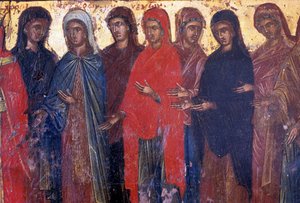 Fromme kvinner, trepanel i den bysantinske kirken Palea Roumata, Kreta, Hellas (bilde) av Theodore Charles Ange Coquelin