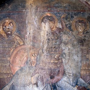 Hellige på hesteryggen, freskomaleri i kirken i Kandanos, Kreta, Hellas, Detalj (bilde) av Theodore Charles Ange Coquelin