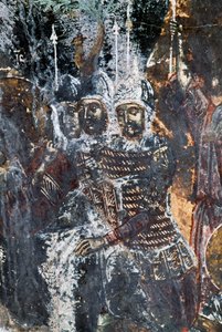 Soldat, skadet freskomaleri i taket til kirken Agios Vasileios, Vavouledo, Kreta, Hellas (bilde) av Theodore Charles Ange Coquelin