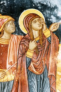 St Longinus og Mary, korsfestelsesscene, freskomaleri i Mikro Sotiris kloster, Symi-øya, Hellas (bilde) av Theodore Charles Ange Coquelin