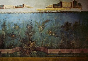Fresco som viser en hage med trær og fugler, fra House of Livia på Palatine-høyden, Roma, Italia. romersk sivilisasjon av Unbekannt Unbekannt