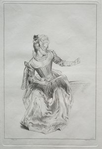 Kvinne som holder en vifte av possibly by Benoit II Audran