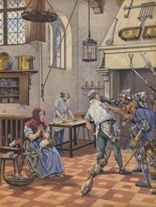 En kokk beslaglagt på kjøkkenet hans av våpenmenn mistenkt for å ha forsøkt å forgifte kongen (farge litho) av pseudonym for Onfray de Breville Jacques Job