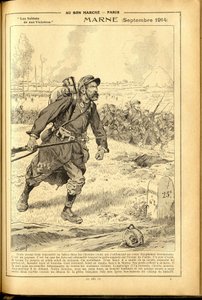 Dagbok Buvard du Bon Marche 1917 - Illustrasjon av Job (Jacques Marie (Jacques-Marie) Gaston Onfray og Breville) (1858-1931): Marne september 1914 - 14. -18. krig, Marne, store slag, slaget ved Marne - soldater av pseudonym for Onfray de Breville Jacques Job
