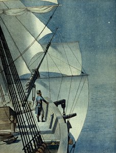 Kampanje (ekspedisjon) av Egypt (1798-1801): retur fra Alexandria til Egypt ombord på fregatten "La Muiron", Napoleon I Bonaparte (1769-1821) alene på broen til båten betrakter Middelhavet om natten av pseudonym for Onfray de Breville Jacques Job