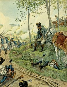 Italias kampanje (1799-1800): Napoleon I Bonaparte (1769-1821) i slaget ved Marengo 14. juni 1800 i Piemont (Italia), mot de Napoleonske og østerrikske armeene. Illustrasjon av Jacques Marie Gaston Onfray de Breville dit JOB (1858-1931). Privat C av pseudonym for Onfray de Breville Jacques Job
