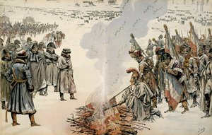 Campaign of Russia (1812): Under Russlands retrett beordret Napoleon I Bonaparte (1769-1821) å brenne flagg og ørner for å hindre fienden i å overta dem. I "" Napoleon"" av Georges Montorgueil. Illustrasjon av Jacques Marie Gaston Onfray av pseudonym for Onfray de Breville Jacques Job