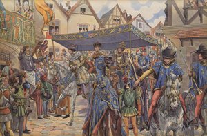 Folkemengder på gatene i Paris hilser Louis XI når han ankommer fra Burgund for å gjøre krav på kongedømmet sitt etter faren Charles VIIs død (farge litho) av pseudonym for Onfray de Breville Jacques Job