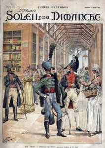 Hver sin blomst. En soldat kjøpte blomster av en selger i et overbygd galleri i Paris i 1816. Fra en akvarell av Mr. Job. Gravering i «Le sun-du-dimanche», LE 1 JANUAR 1899. av pseudonym for Onfray de Breville Jacques Job