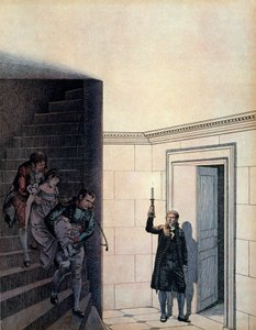 Keiser Napoleon I Bonaparte (1769-1821) og hans kammerherre etter kunngjøringen av hennes skilsmisse i 1809, hadde keiser Josephine (1763-1814) forsvunnet på soverommet hennes. I "" Napoleon"" av Georges Montorgueil. Illustrasjon av Jacques Marie Gaston On av pseudonym for Onfray de Breville Jacques Job