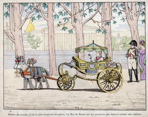 Emperor Napoleon I Bonaparte (1769-1821) with his son Prince Napoleon Francois Charles Joseph Bonaparte, who became the king of Rome Napoleon II also later called the Aiglon - Napoleon watching the King of Italy (Napoleon II) taking his first steps in a ca av pseudonym for Onfray de Breville Jacques Job