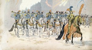 Entrée of King Charles VI (1368-1422) in Paris accompanies thirty trumpets. in “” France, his story told by G. Montorgueil, imagee by Job””” 1896. Private collection. av pseudonym for Onfray de Breville Jacques Job