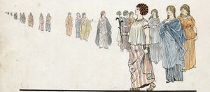 Femmes des “” free men”” (free citizens) wearing their dresses stapled on the shoulder and heavy jewels on the arms. in “” France, his story told by G. Montorgueil, imagee by Job””” 1896. Private collection. av pseudonym for Onfray de Breville Jacques Job