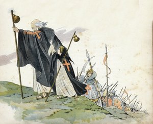 Første korstog: Eremitten Peter (1050-1115) leder korstoget til ropet om "Gud vil det!" . Han har på seg frakk, slår med et kors og holder en pelerinhumle. En liten jente som symboliserer Frankrike følger henne. i "" Frankrike, historien hennes fortalt av  av pseudonym for Onfray de Breville Jacques Job