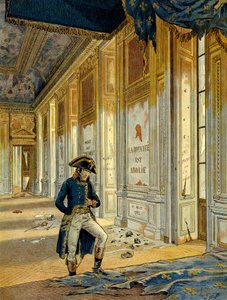 Fransk revolusjon av 1789: Napoleon I Bonaparte (1769-1821) i tronsalen ved Tuileries-palasset etter passasjen av revolusjonære som ransaket stedet. På veggen står det: "Riket er opphevet." Illustrasjon av Jacques Marie Gaston Onfray av pseudonym for Onfray de Breville Jacques Job