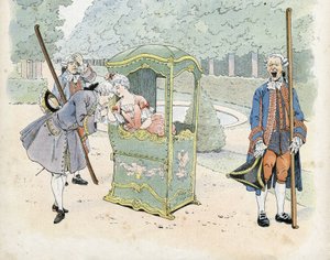 Fransk galanteri på 1700-tallet: en ung mann kysser en kvinnes hånd i rullestol. i "Frankrike, hans historie fortalt av G. Montorgueil, bilde redigert av Job"" 1896. Privat samling. av pseudonym for Onfray de Breville Jacques Job