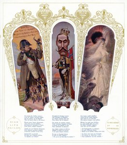 Fransk militærtrening, karikatur av kong Haakon VII av Norge, og marokkanske immigranter i Frankrike (farge litho) av pseudonym for Onfray de Breville Jacques Job