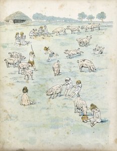 Galliske barn leker med griser på en åker. i "" Frankrike, hans historie fortalt av G. Montorgueil, imagee av Job""" 1896. Privat samling. av pseudonym for Onfray de Breville Jacques Job