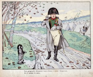 Grognards (Old Guard of Napoleon Bonaparte) trained their dogs to salute the Emperor - lithograph by Job (Jacques Onfroy de Breville) from “” Le Grand Napoleon des Petites Enfants””” 1893 av pseudonym for Onfray de Breville Jacques Job