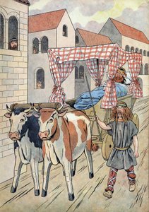 History of France. Scene depicting lazy kings in toys: King of France Thierry III (673-691) carries in a tank with a bed pulled by oxen. In “” Joujoux a l