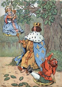 History of France. Scene of the life of Saint Louis in toys: King Louis IX known as Saint Louis (1214-1270) rendering justice at the foot of an oak. In “” Joujoux a l