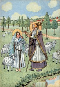 Frankrikes historie. Scene fra livet til Sainte Genevieve med leker: Eve Saint Germain d'Auxerre (V.378-448) passerer medaljen som faller fra himmelen rundt halsen på Sainte Genevieve (v.423-512), hyrden som holdt sauene sine i Nanterre. i «La oss pla
