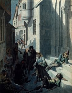 Frankrikes historie i middelalderen (middelalderen): Francois de Montcorbier kjent som Francois Villon (1431-1463?), poet, komponerer verkene sine i elendigheten i gatene i Paris. Illustrasjon av Jacques Marie Gaston Onfray de Breville dit JOB (1858-1931) av pseudonym for Onfray de Breville Jacques Job
