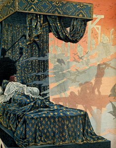 Frankrikes historie i middelalderen (middelalderen): Kongen av Frankrike Ludvig XI sa at den forstandige (1423-1483) hadde angstfulle mareritt før de døde. Illustrasjon av Jacques Marie Gaston Onfray de Breville dit JOB (1858-1931) av pseudonym for Onfray de Breville Jacques Job