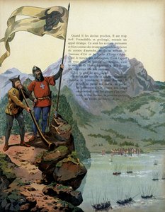 Frankrikes historie i middelalderen: troppene til Charles the Temeraire (1433-1477), hertugen av Burgund, kommer inn i Vaud i Sveits. Illustrasjon av Jacques Marie Gaston Onfray de Breville dit JOB (1858-1931) av pseudonym for Onfray de Breville Jacques Job