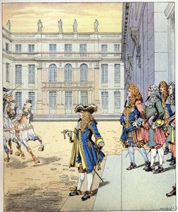 I almost waited! the words of the king of France Louis XIV said King Soleil (1638-1715) spoken in front of the castle of Versailles as his carosses arrived at the precise time. Illustration of Job (Jacques Marie Gaston Onfray and Breville) (Jacques-Marie) 