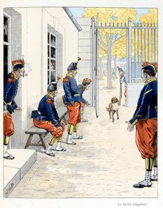 Illustrasjon hentet fra boken «A la gloire des betes»»-tekst av A Fabre, tegninger av Jacques Marie Gaston Onfray de Breville dit JOB (1858-1931), utgiver Maison Alfred Mame et fils: The Barbet Dagobert (i en brakke i Paris) ), Samling Delvis av pseudonym for Onfray de Breville Jacques Job