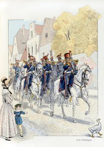 Illustrasjon fra boken «A la Glory des Betes»»-tekst av A Fabre, tegninger av Jacques Marie Gaston Onfray de Breville dit JOB (1858-1931), utgiver Maison Alfred Mame et fils: L’oie d’Esslingen (i 1833, regimentsmaskot, marsjerer hun i hodet, Saml av pseudonym for Onfray de Breville Jacques Job