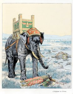 Illustrasjon fra boken «In the Glory of the Beasts»»-tekst av A Fabre, tegninger av Jacques Marie Gaston Onfray de Breville sier JOB (1858-1931), forlegger Maison Alfred Mother and Son: The Elephant of Porus (At the Battle of Hydaspe). i 328 f.Kr. ble Poru av pseudonym for Onfray de Breville Jacques Job