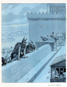 Illustrasjon fra boken "A la Glory des Betes"" tekst av A Fabre, tegninger av Jacques Marie Gaston Onfray de Breville dit JOB (1858-1931), redaktør Maison Alfred Mame et fils: Les goies du Capitole (890 f.Kr.), les Gallernes beleiring av Roma, delvis samli av pseudonym for Onfray de Breville Jacques Job