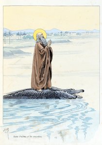 Illustrasjon fra boken "A la Glory des Betes"" tekst av A Fabre, tegninger av Jacques Marie Gaston Onfray de Breville dit JOB (1858-1931), redaktør Maison Alfred Mame et fils: Saint Pacome (abbe 292-348) og Krokodiller, privat samling av pseudonym for Onfray de Breville Jacques Job