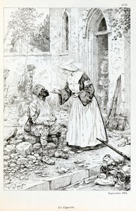 Illustrasjon fra boken "La Grande Guerre par les artistes"": "" La cigarette Septembre 1914""" religiøse som gir en sigarett til en såret soldat av Jacques Marie Gaston Onfray de Breville dit JOB (1858-1931), Delsamling av pseudonym for Onfray de Breville Jacques Job