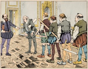 Illustrasjon fra boken "Le bon roy Henri", illustrert av Jacques Marie Gaston Onfray de Breville dit JOB (1858-1931): Sully (Maximilian de Bethune) viser en alvorlig økonomi - Privat samling av pseudonym for Onfray de Breville Jacques Job