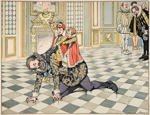 Illustrasjon fra boken “Le bon roy Henri”, illustrert av Jacques Marie Gaston Onfray de Breville dit JOB (1858-1931): Foran den spanske ambassadøren leker Henri IV med barna sine - Privat samling av pseudonym for Onfray de Breville Jacques Job