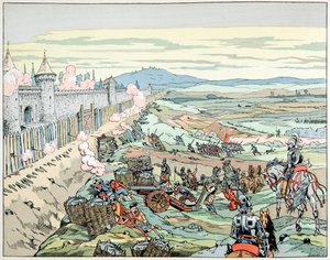 Illustrasjon fra boken "" Le bon roy Henri"", illustrert av Jacques Marie Gaston Onfray de Breville dit JOB (1858-1931): Henri IV angriper faubourg i Paris i 1590 - Privat samling av pseudonym for Onfray de Breville Jacques Job