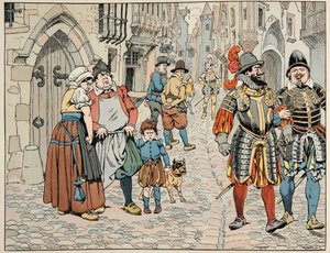 Illustrasjon hentet fra boken “” Le bon roy Henri””, illustrert av Jacques Marie Gaston Onfray de Breville dit JOB (1858-1931): Parisere ser med dårlig øye de utenlandske troppene som kommer for å hjelpe dem - Privat samling av pseudonym for Onfray de Breville Jacques Job