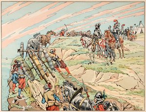 Illustrasjon hentet fra boken “” Le bon roy Henri””, illustrert av Jacques Marie Gaston Onfray de Breville dit JOB (1858-1931): Henri IV i krig etablerte leiren sin nær Dieppe med artilleriet sitt - Privat samling av pseudonym for Onfray de Breville Jacques Job