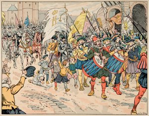 Illustrasjon hentet fra boken “” Le bon roy Henri””, illustrert av Jacques Marie Gaston Onfray de Breville dit JOB (1858-1931): Innført av Henri IV i Paris 21. mars 1594 - Privat samling av pseudonym for Onfray de Breville Jacques Job